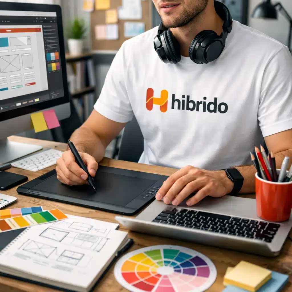 Designer travaillant sur une tablette graphique, ordinateur portable.