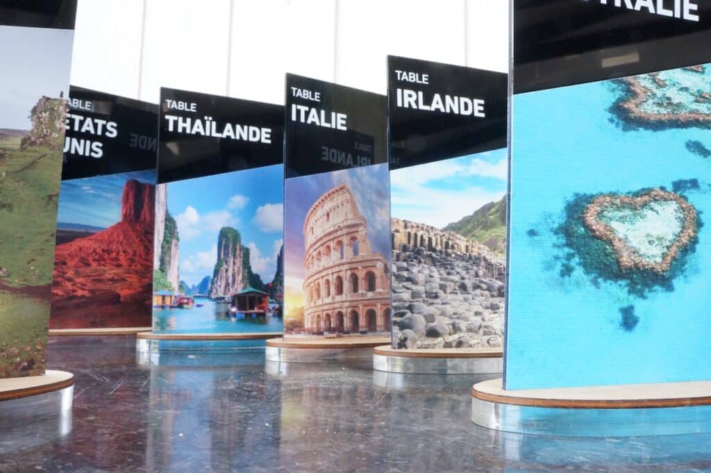 Panneaux touristiques avec photos de pays variés.
