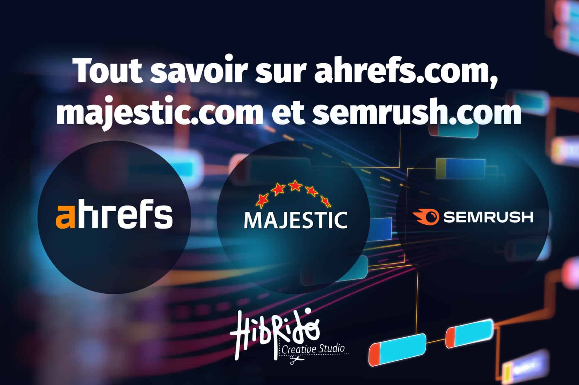 image qui reprend le titre de l'article "Tout savoir sur ahrefs.com, majestics.com et semrush.com" avec les différents logos qui font référence à ces outils