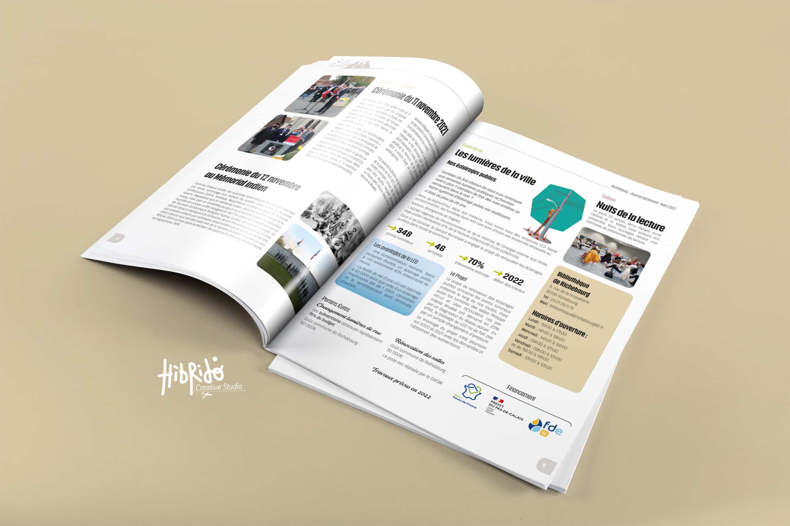 Magazine ouvert sur une table beige.