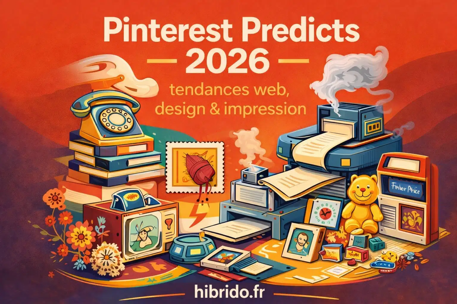 Illustration rétro de tendances design et impression 2026.
