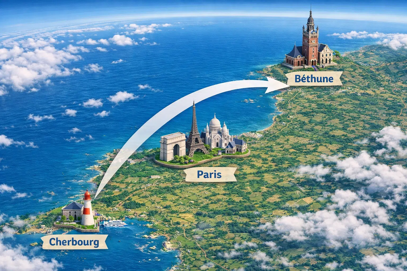 Illustration du parcours SEO entre Béthune, Paris et Cherbourg montrant comment un article peut générer un client à distance