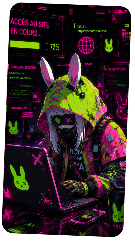 Hacker cyberpunk masqué devant écrans néon