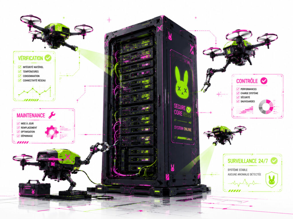 Serveur futuriste surveillé par drones autonomes